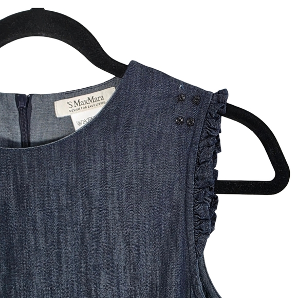 S Max Mara Denim Sleeveless Shift Dress Size US 6 Cotton Ruffle Hem Pockets - Picture 8 of 13